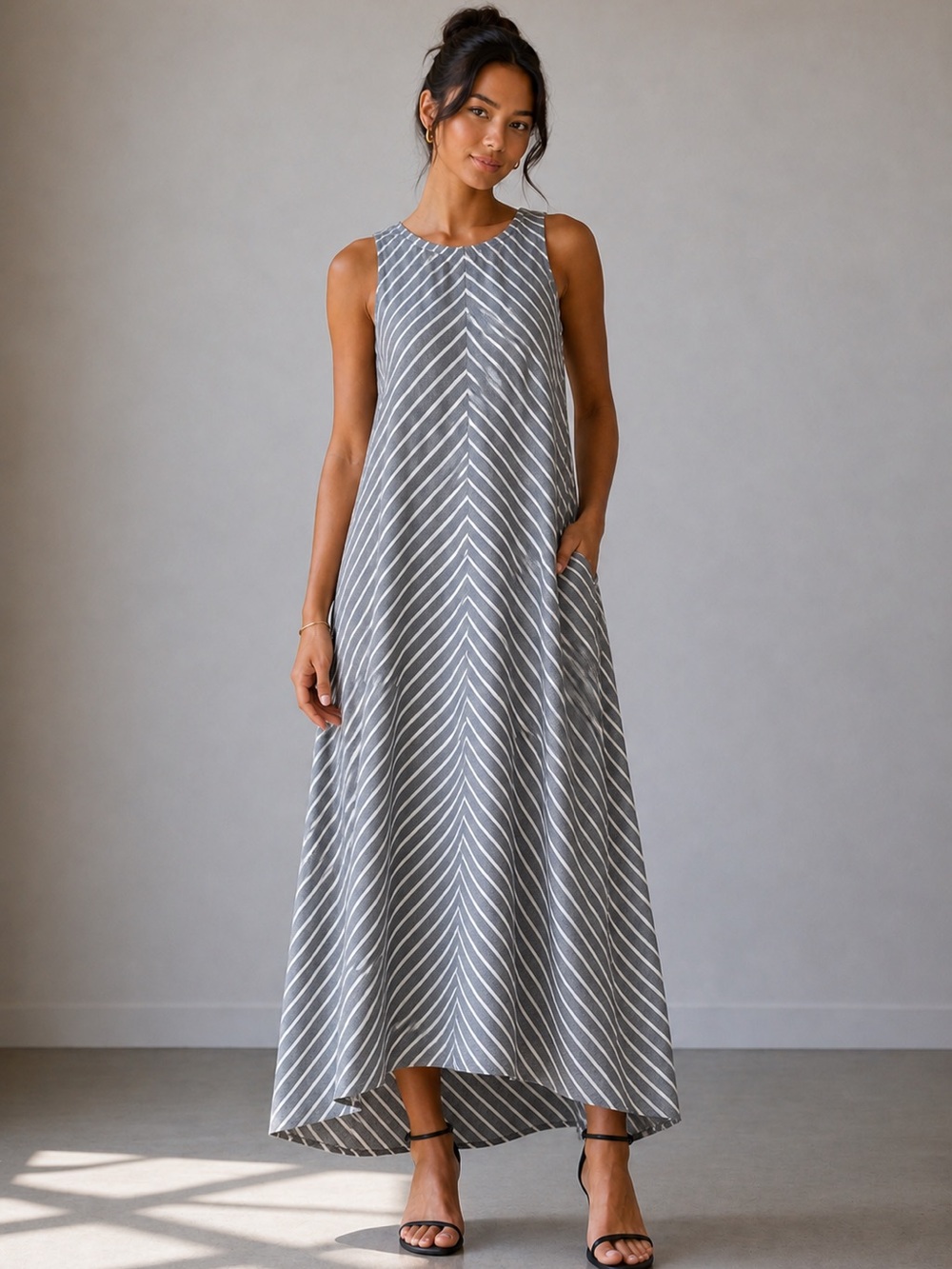 Artisan NY Linen Maxi Dress Gray And White Striped Women US Size 4 Summer Resort
